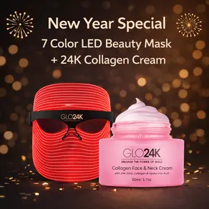 GLO24K 7 Color LED Beauty Mask & Collagen Cream Set for Flawless Glowing Radiant Skin with Red Yellow Blue Green Laser Lights