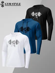 Men's GYM STYLE Long Sleeve Hoodie, Quick Dry Raglan Sleeve Workout Shirt, Quick Drying Top, Fist Dumbbell Graphic Athletic Top for Bodybuilding, Fitness, Weightlifting, Training, Gym, Workout, Sportswear, Activewear #tiktokmademebuyit