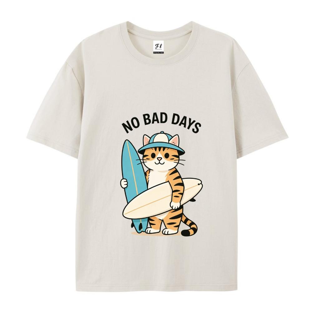No Bad Days Surfing Cat Graphic Print Tee Oversized Short Sleeve Unisex T-Shirt with Cartoon Pattern and Drop Shoulder Design Crewneck Top Menswear