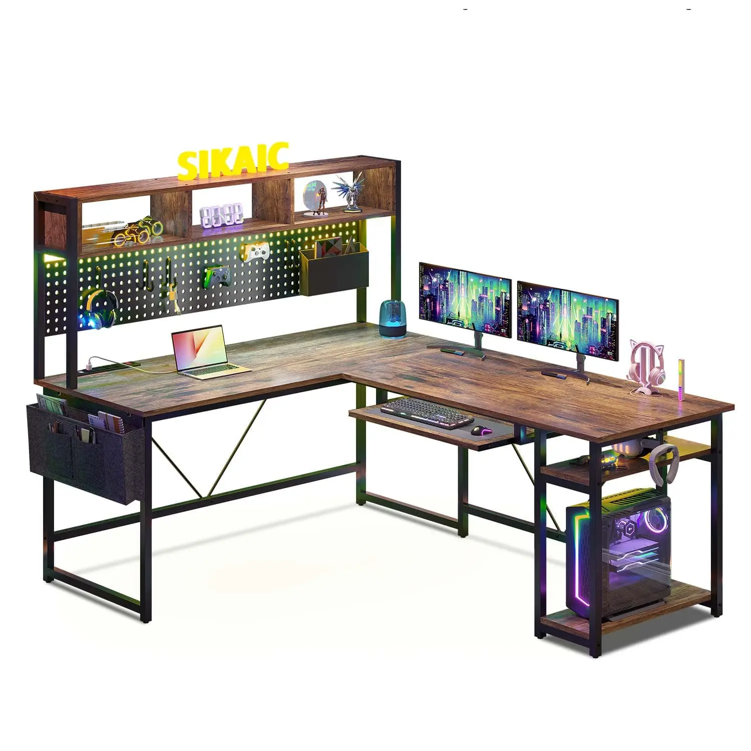 SIKAIC Reversible L-Shaped Computer Gaming Desk - Rustic Brown Commercial Office Wood Workstation with LED Lights, Power Strip, Multi-Functional Writing Desk for Home Office, Custom Gaming Setups, Computer Gaming Desks