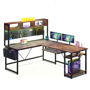 L Shaped Reversible Gaming Desk With LED Lights Rustic Brown