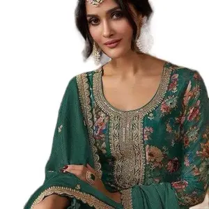 Beautiful Digital Print Kurta Set in Chinon Silk Fabric with Embroidery Sequence Coding Work Both Side Work Three Pcs set