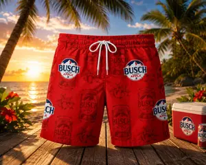 Red  Apple Beer Inspired Hawaiian Shorts for Men, Funny Summer Beach Swim Trunks, Tropical Vacation Party Board Shorts, Casual Drawstring Shorts