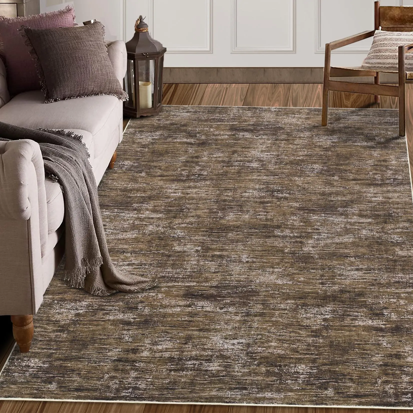 5x7 Machine Washable Area Rug - Non-Slip, Low Pile, Solid Color for Living Room, Bedroom, Dining Room & Entryway - Stylish Brown Home Decor