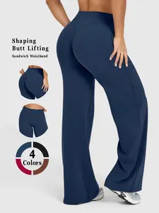 Women's Wide Leg Yoga Pants High Waist Stretch Booty Casual Gym Workout Sweatpants Long Length Solid Color All Season Wideleg Activewear Bottoms