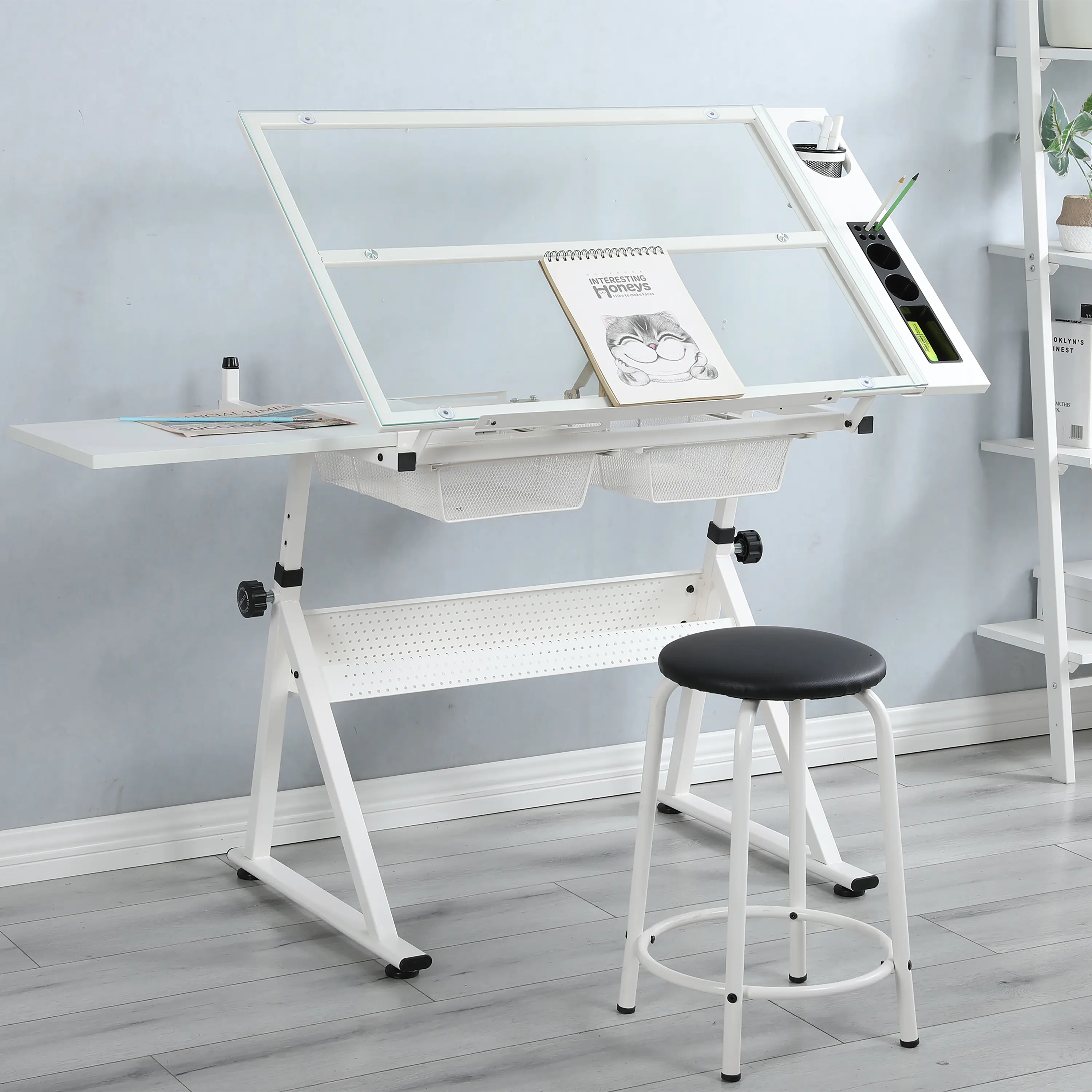 drafting  table Height Adjustable Tempered Glass Drafting Table with Chair Set, Tilting Glass Top Artist Drawing Desk, Craft Painting Printing Work Table for Home Studio #DraftingTable #ArtistDesk #ArtStudio #DrawingDesk #TemperedGlassDesk