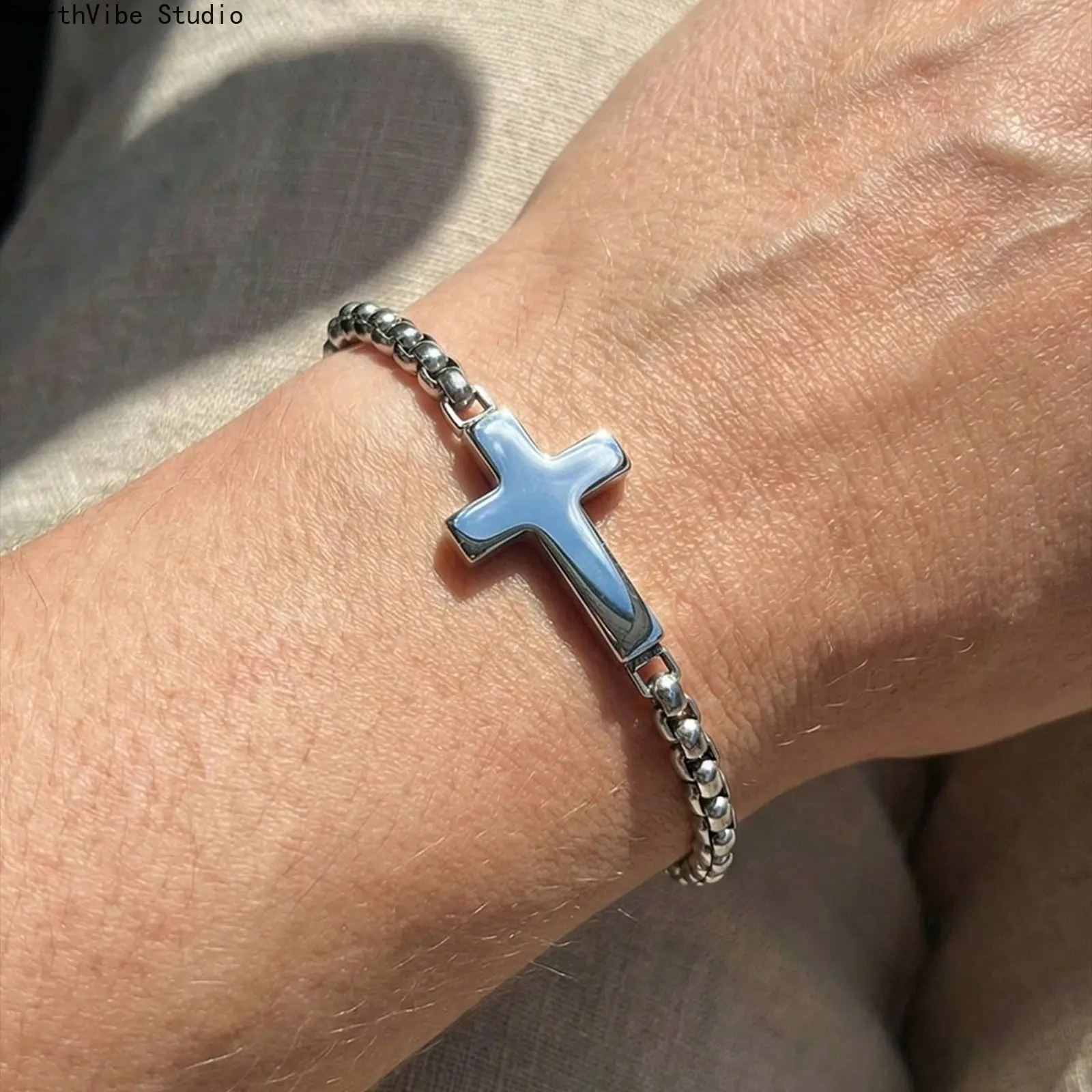 Men's Jewelry Bracelet in Stainless Steel, Sports Cross Wristband with Mixed Link & Ball Chain Design, Stylish Gift for Dad, Durable Bracelet, Unisex, All Seasons, Cross Chain-Link, Mixed Links