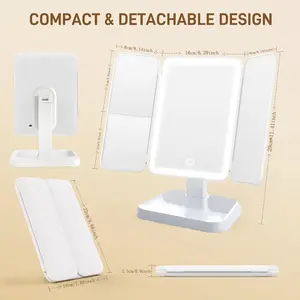 Three-Fold Makeup Mirror, 1/2/3x Magnification, Touch Screen LED Light, Portable, Detachable LED Mirror, Ideal for Bedroom Decor, Desktop, Gift, Led Lighted Mirror, Led Lit Mirror, Magnified Mirror With Lights