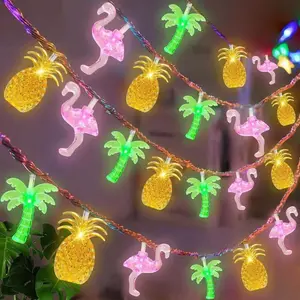 Tropical LED String Lights, Pineapple Flamingo Palm Tree Design, Battery Operated Fairy Lights, Multi-Color Holiday Lighting, Summer Home Decor