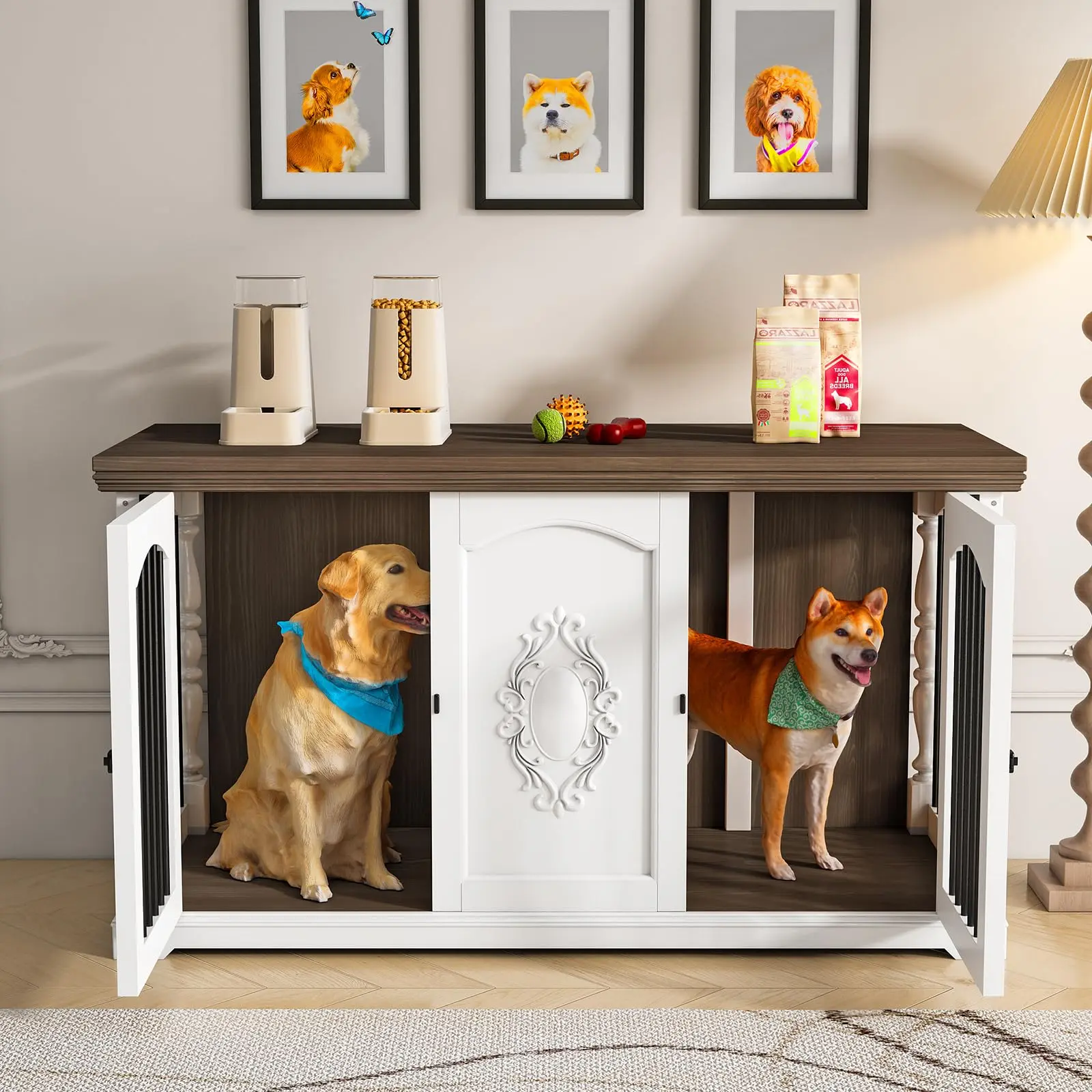 Hand Carved Solid Wood Dog Cage Furniture for 2 Large Dogs - Multifunctional TV Stand & Display Case, Ventilation Divider, Double Door with Lock, Elegant Pet Cage for Home Decoration (White)