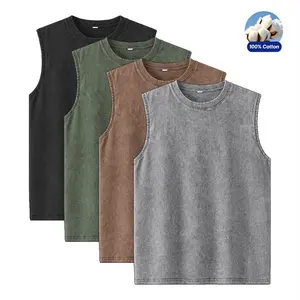 Set of 4 acid-wash tank tops — unisex sleeveless cotton fitness T-shirts, loose fit, retro street style, suitable for summer layering and everyday wear