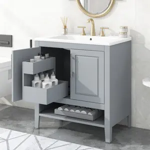 30" Freestanding Bathroom Vanity with Ceramic Basin Sink, Two Soft Closing Doors and Double 2-Tier Functional Drawers, Cabinet w/ Open Bottom Shelf & Silver Metal Handles