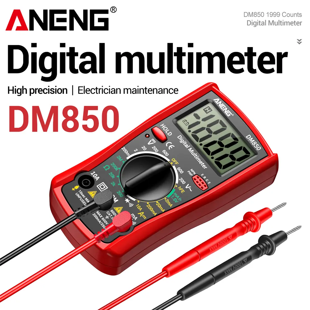ANENG DM850 Digital Multimeter Tester - 1999 Counts Electrical Measuring Device, Voltage Check Tool for Home & Circuit Testing, Measures AC/DC Voltage, DC Current, Resistance, Diode, Transistor, with Continuity Buzzer (Essential DIY Item), Backlight Lcd,