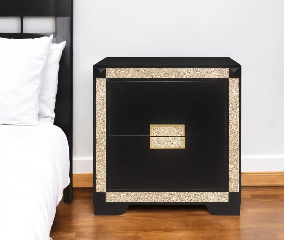 212 MAIN 26 in. Art Deco Square Wood Frame Nightstand - Black & Gold, 2-Drawers, Faux Crystal Glitz, Legged Base (Model 564649)