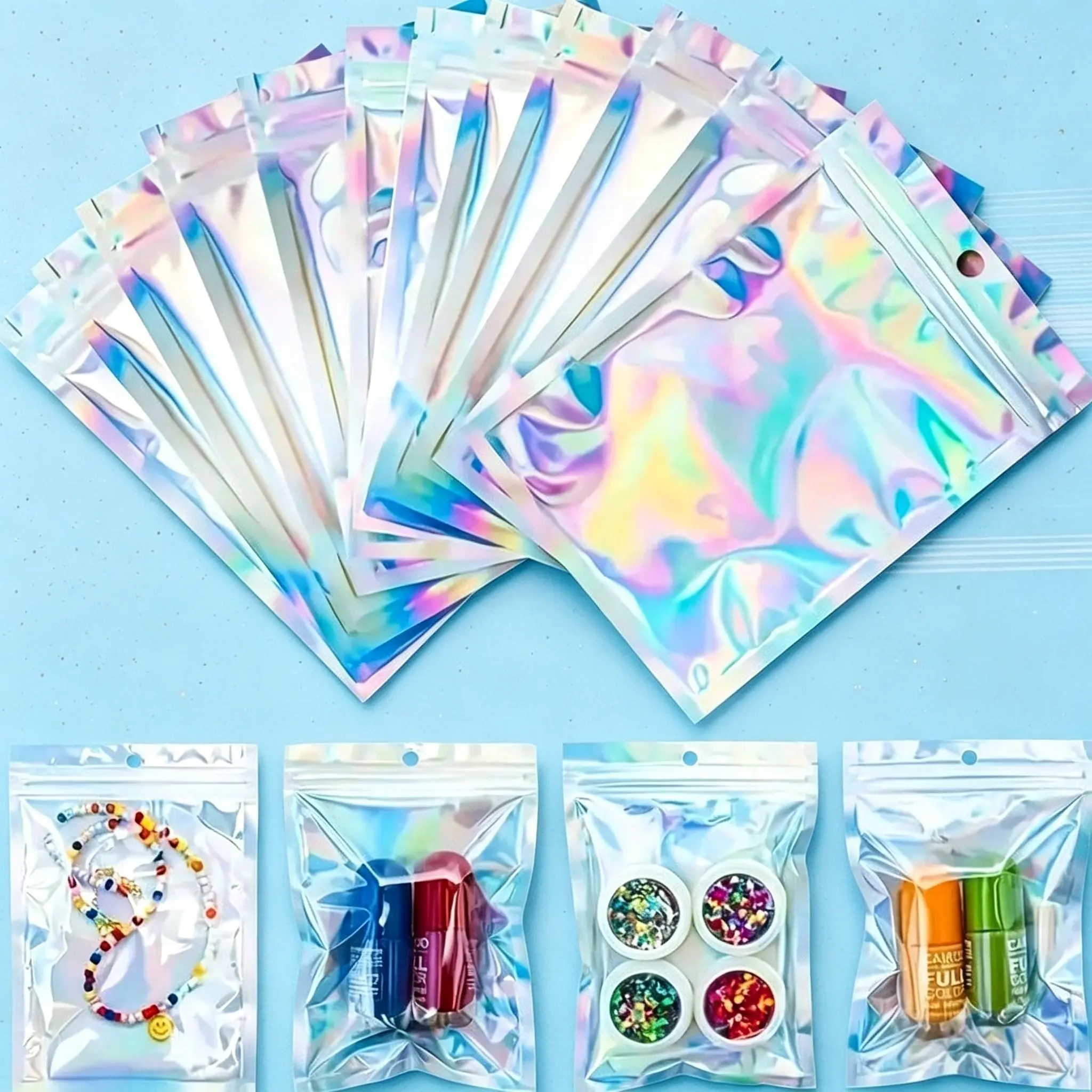100Pcs Holographic Resealable Mylar Bags - Clear Window Iridescent Ziplock Seal Bags for Ita Bag, Badge, Cosmetics, Jewelry & Small Business Packaging Sealing Storage Bags