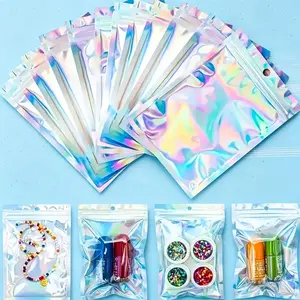 100Pcs Holographic Resealable Mylar Bags - Clear Window Iridescent Ziplock Seal Bags for Ita Bag, Badge, Cosmetics, Jewelry & Small Business Packaging Storage Bags