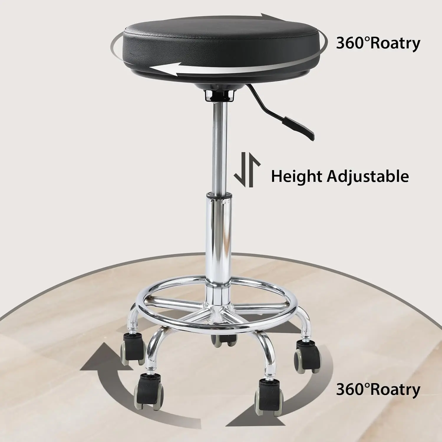 Adjustable Rolling Stool with Wheels Heavy Duty 500lb Round Rolling Stool with Footrest, Patent Leather Drafting Stool Chair with Wheels Work Spa Salon Seat