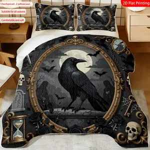 3 pcs, 2D Flat Print Gothic Raven Skull Bedspread Set, Soft and Comfortable, Multiple Sizes Available, Suitable for Gifting and Daily Use, Ideal for Creating a Cozy Home Atmosphere(1 bedspread , 2 pillowcases)