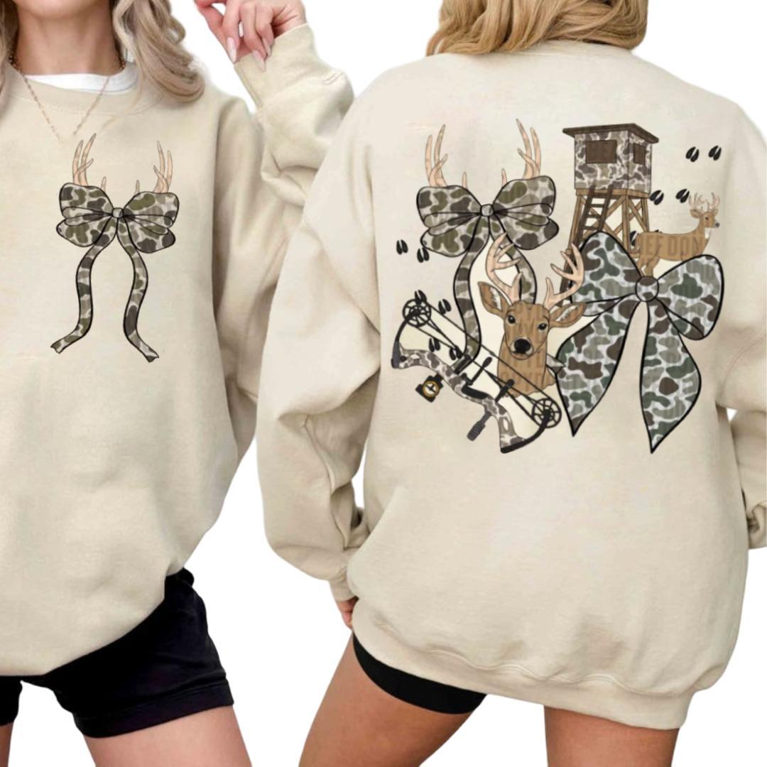 Hunting Season Sweatshirt & Hoodie, Fall Outfit for Women, Old School Camo Deer Graphic Top, Cute Coquette Outdoor Gift
