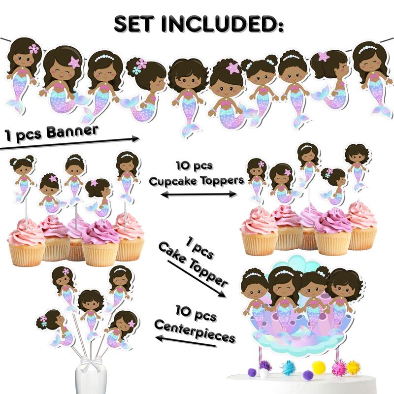 Afro Mermaid Party Decor Set - Enchanting Cake Topper, Cupcake Toppers, Centerpieces & Banner for Magical Baby Showers and Birthdays