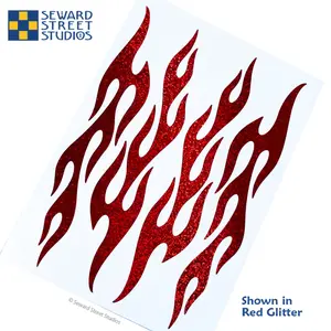 Set of 4 Red Flames Glitter Decals, Flame Bike Helmet Stickers Sheet, Hotrod Fire Motorcycle Transfers / #876G-Red