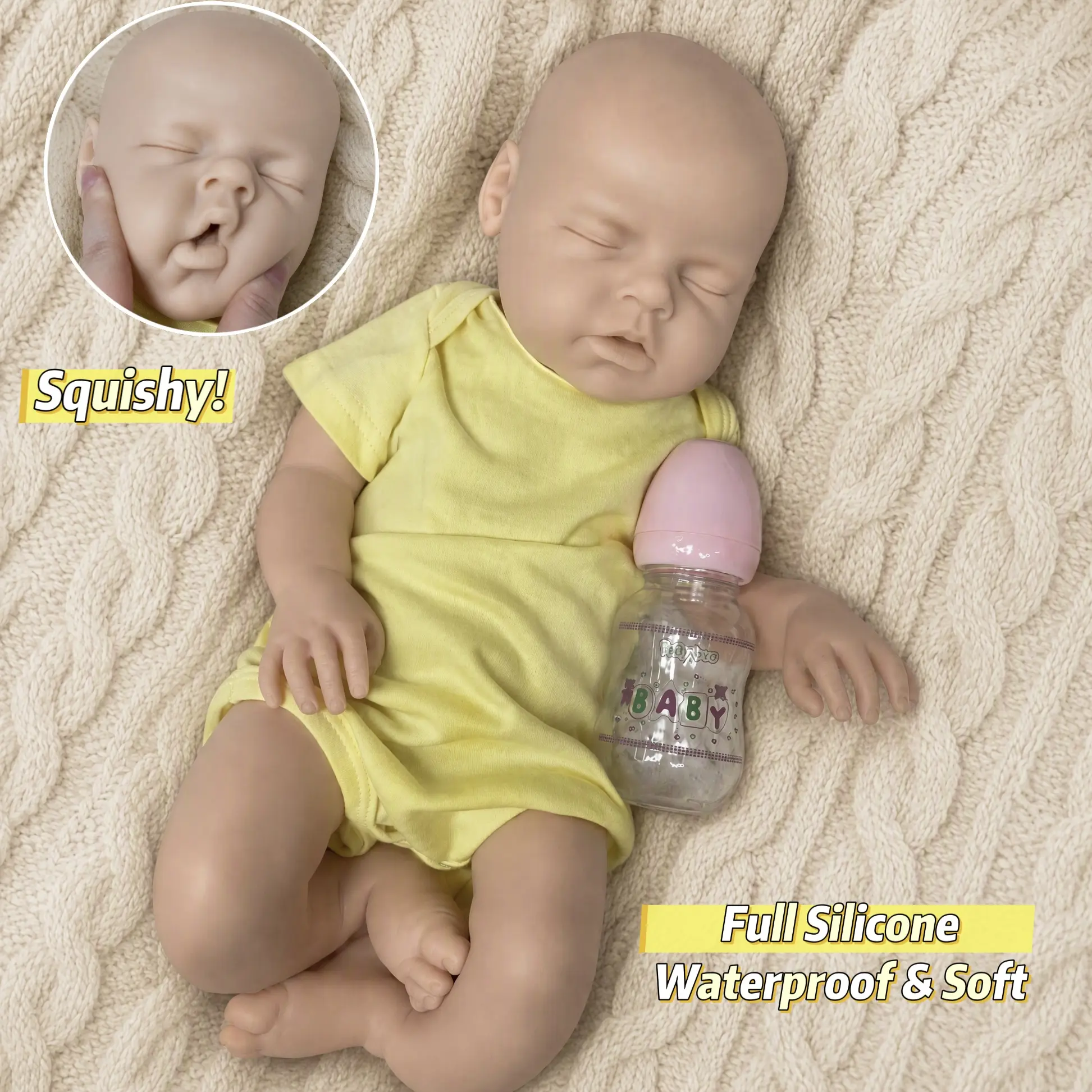 20 in / 50 cm Soft Silicone Reborn Baby Doll - Squishy, Lifelike Newborn Sleeping Baby Boy with Open Mouth, Bottle, Waterproof Soft Body; Cuddly Gift for Kids, Collectors for Christmas, New Year, Birthday