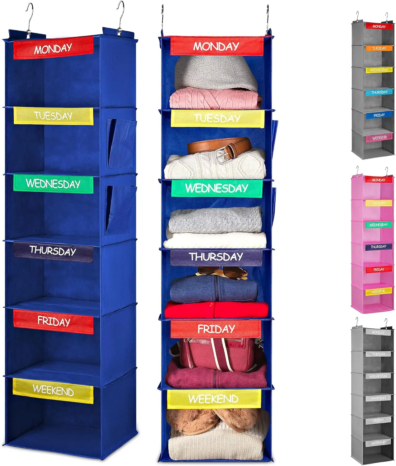 Handy Bamboo Durable Hanging Closet Organizer - 6-Shelf Closet Storage Solution with Labeled Shelves (Mon-Fri, Weekday, Weekend), Kid-Friendly Home Organizer (Blue), Kids Storage Solutions