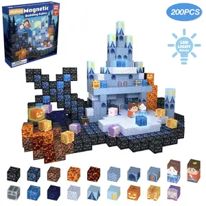 200Pcs Magnetic Tiles, DIY Castle Blue Castle, 3 Glow Magnetic Blocks, Strong Magnets,Sturdy Build, STEM Montessori Sensory Toy, Gift For Kids Ages 3-12