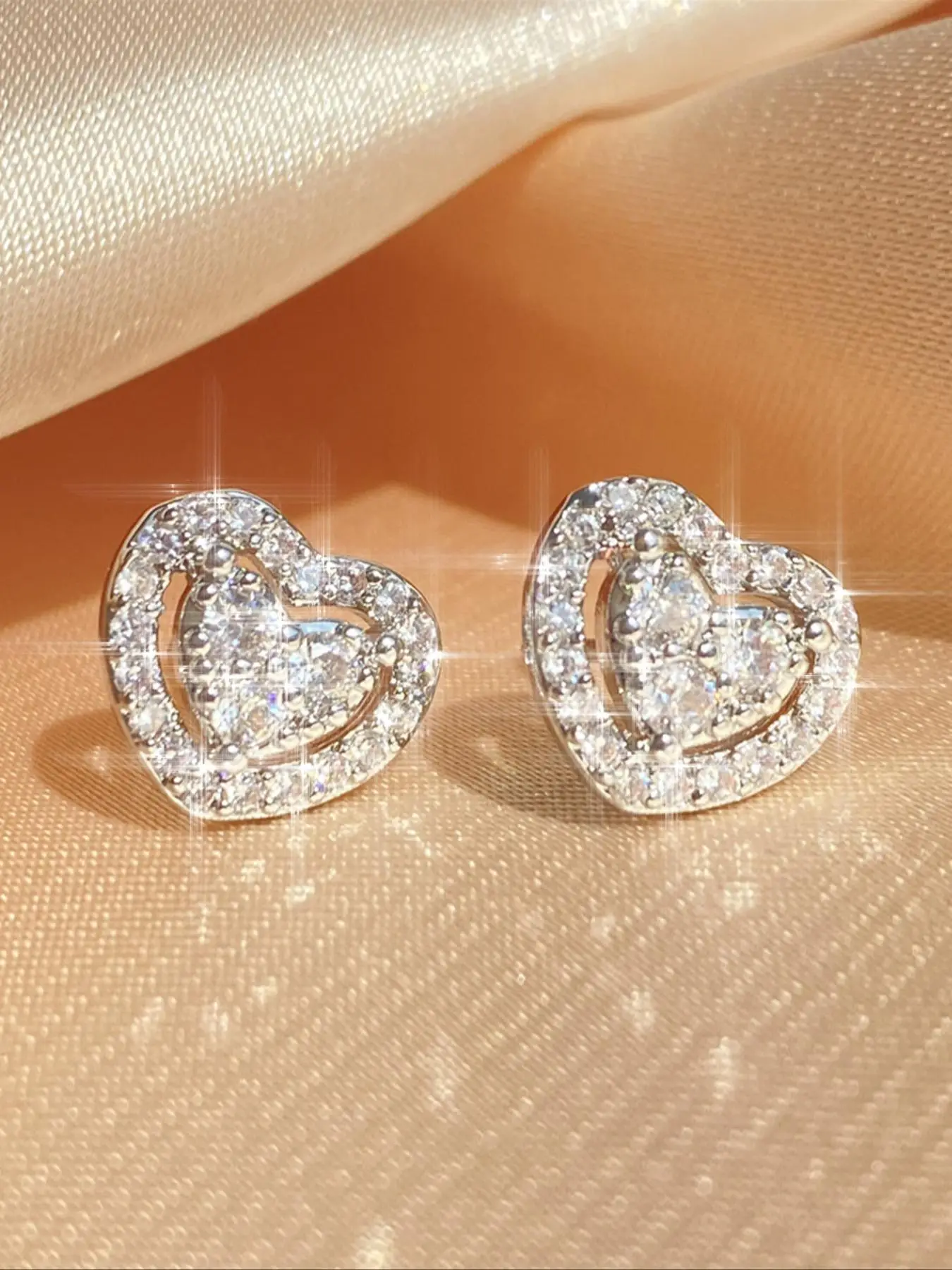 Elegant Double-heart Shaped Stud Earrings for Valentine's Gift, Fashion Artificial Zircon Decor Stud Earrings for Women, Fashion Accessories for Party