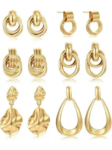 6 Pairs Chunky Gold Earrings for Women Gold Plated Knot Earrings Trendy Statement Drop Dangle Teardrop Lightweight Hypoallergenic Fashion Accessories Jewelry Set Gifts for Women