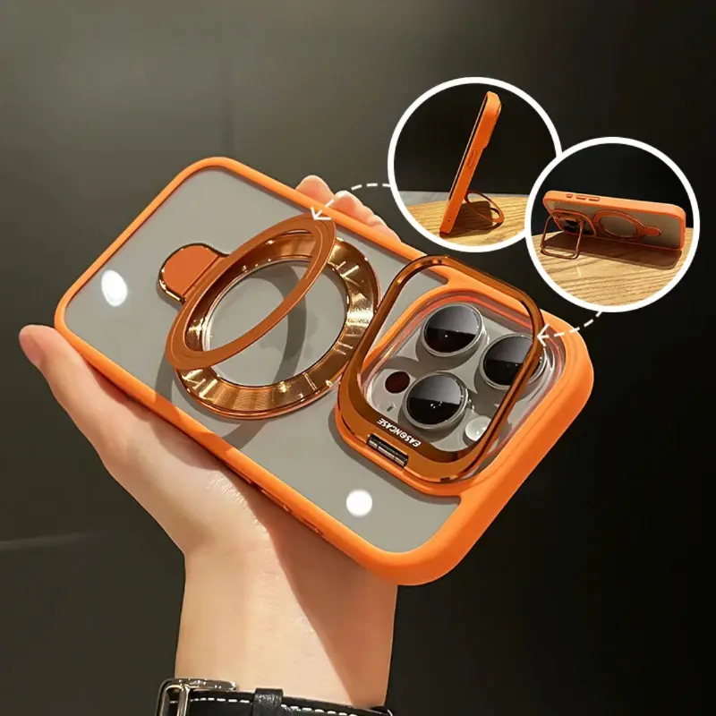 Magnetic Metal Cage Phone Case with Adjustable Dual Supports, TPU Shockproof Drop-Proof Protection, HD Lens Film, Acrylic Back Panel for iPhone 11, 12-16 Pro/Plus/Air, 17