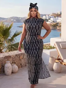 Women's Argyle Pattern Slim Fit Scarf Set, Elegant Long Robe Shawl Dress + Headscarf, Beach Sun Protection Satin Silk Wrap