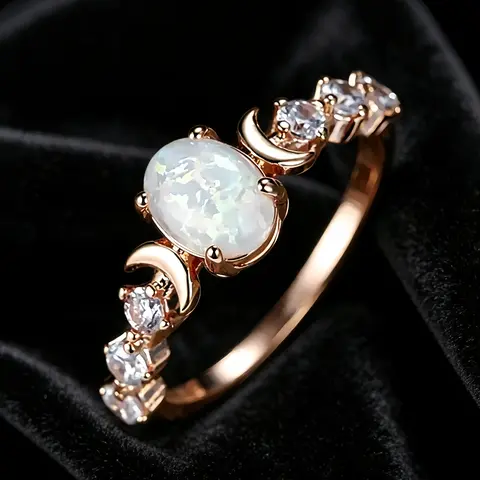 Women's Rose Gold Oval Opal Moon Ring - Dainty Boho Rhinestone Stone Accents Celestial Costume Jewelry, Summer Unique Gift for GF, Rings for Women, Promise Engagement Piece, Opal Rings