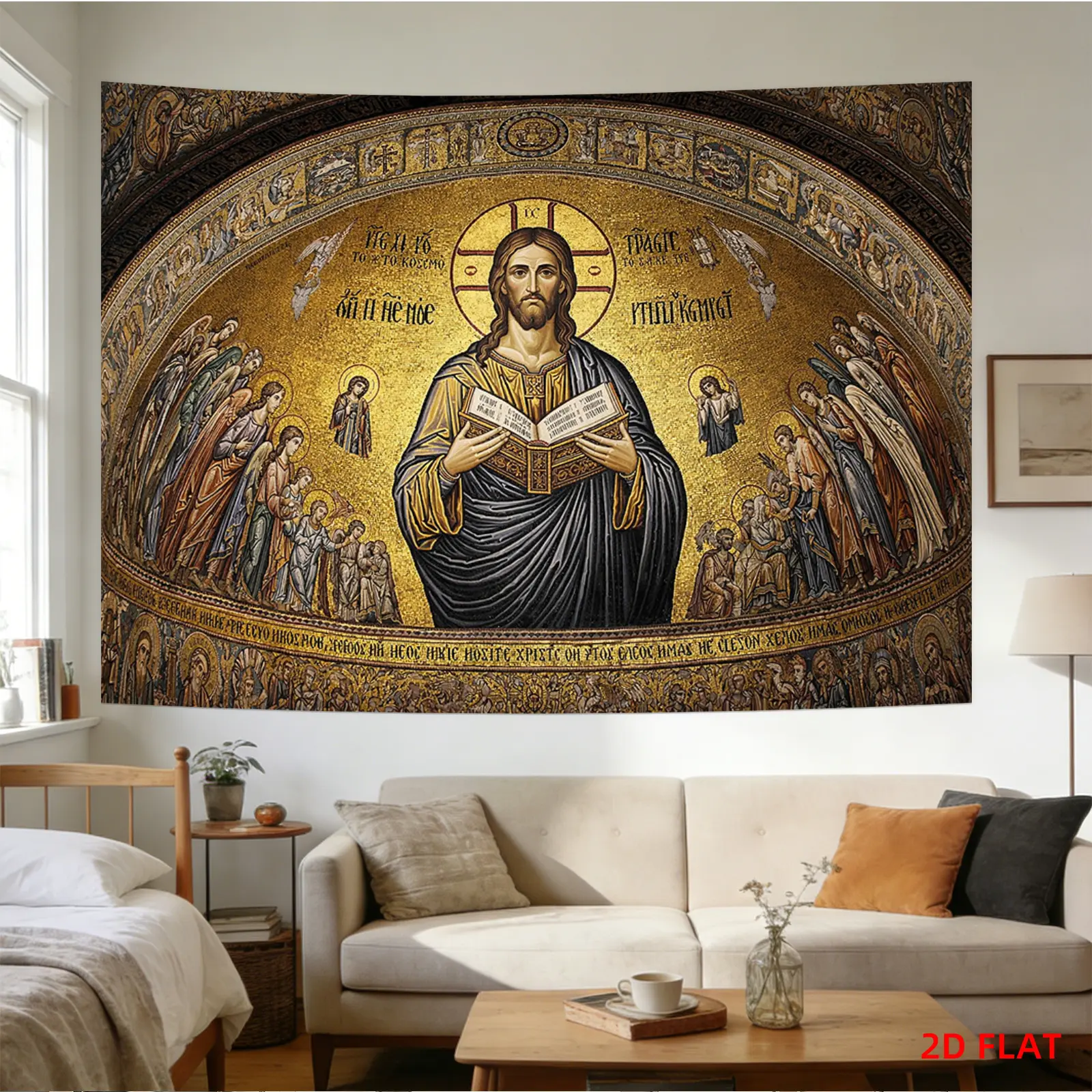 2D Flat, 1 Large Byzantine Jesus Christ Tapestry - Golden Icon Wall Hanging Suitable for Bedroom, Living Room, Meditation Area, Office Decor - Religious Holy Book & Icon Art Print, Horizontal Hanging for Decoration, Religious Home Decor, 2D Flat