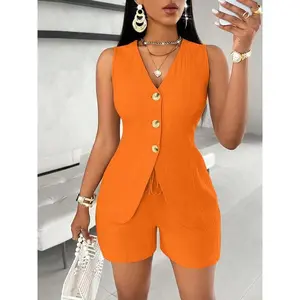 Two piece set of women's solid color button up sweatshirt and shorts, casual and fashionable sweatshirt vest and shorts, suitable for daily outdoor wear, summer women's clothingRAIMENTRY