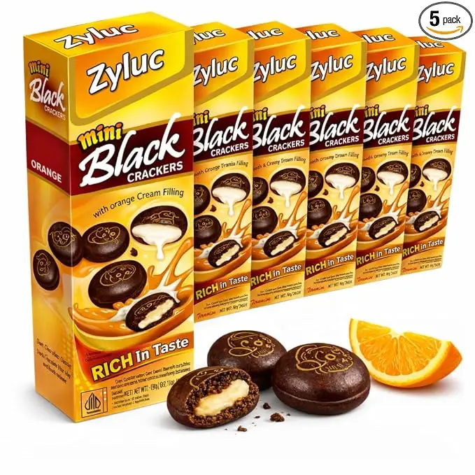 Zyluc Mini Black Crackers Orange Cocoa Snack, 5-Pack Bundle of 35g Portions, Chocolate Biscuit Bites with a Zesty Citrus Twist, Crunchy Indonesian Treat, Halal Certified