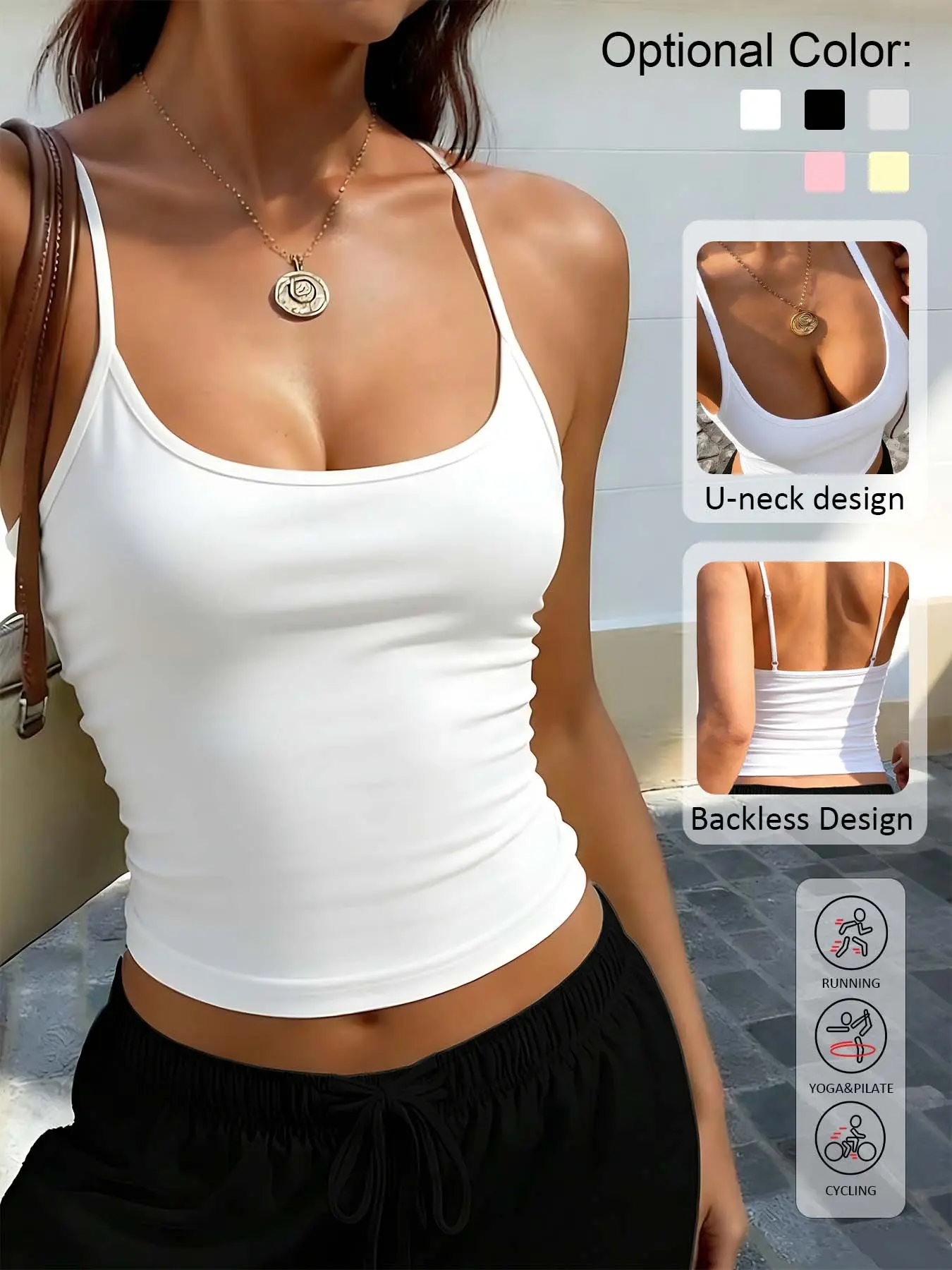 Women U-Neck Backless Ruched Casual Chic Sleeveless Spaghetti Strap Cami Tank Top, Basic Slim Fit, High Stretch & Soft Breathable Fabric, Perfect for Yoga, Daily Outings & Casual Sports