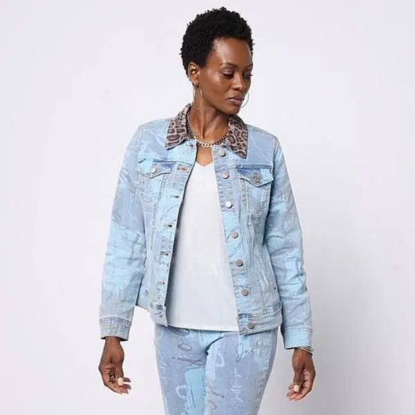 DG2 by Diane Gilman New Classic Stretch Graffiti Print Denim Jacket