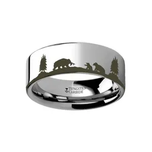 Animal Landscape Scene - Bears - Bear Cubs Ring - Laser Engraved - Flat Tungsten Ring - 4mm - 6mm - 8mm - 10mm - 12mm