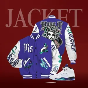 Varsity Jacket Match Grape 5s Sneakers, Move in Silence Graphic Print, Oversized Streetwear Baseball Coat, Trendy Outfit