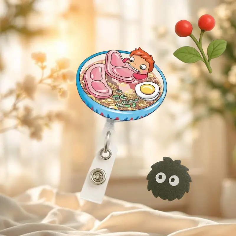 Cute Ponyo Ramen Bowl Badge Reel, Cute Anime Meat Lover ID Clip, Kawaii Food Badge for Nurses, Teachers, and Anime Fans