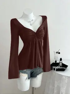 Women's Casual Twisted Front V-Neck Long Sleeve T-Shirt, Y2K Style Fitted Top for All Seasons, Perfect for Autumn & Winter Wear