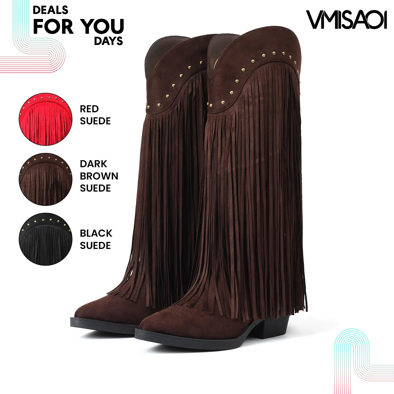 Womens Cowboy Boots Knee High Pointed Toe Block Heel Pull On Suede Long Fringe Stud Western Boho Cowgirl Trendy Fashion Comfortable Country Wedding Concert Retro Festival Casual Tall Boots Deals For You Days