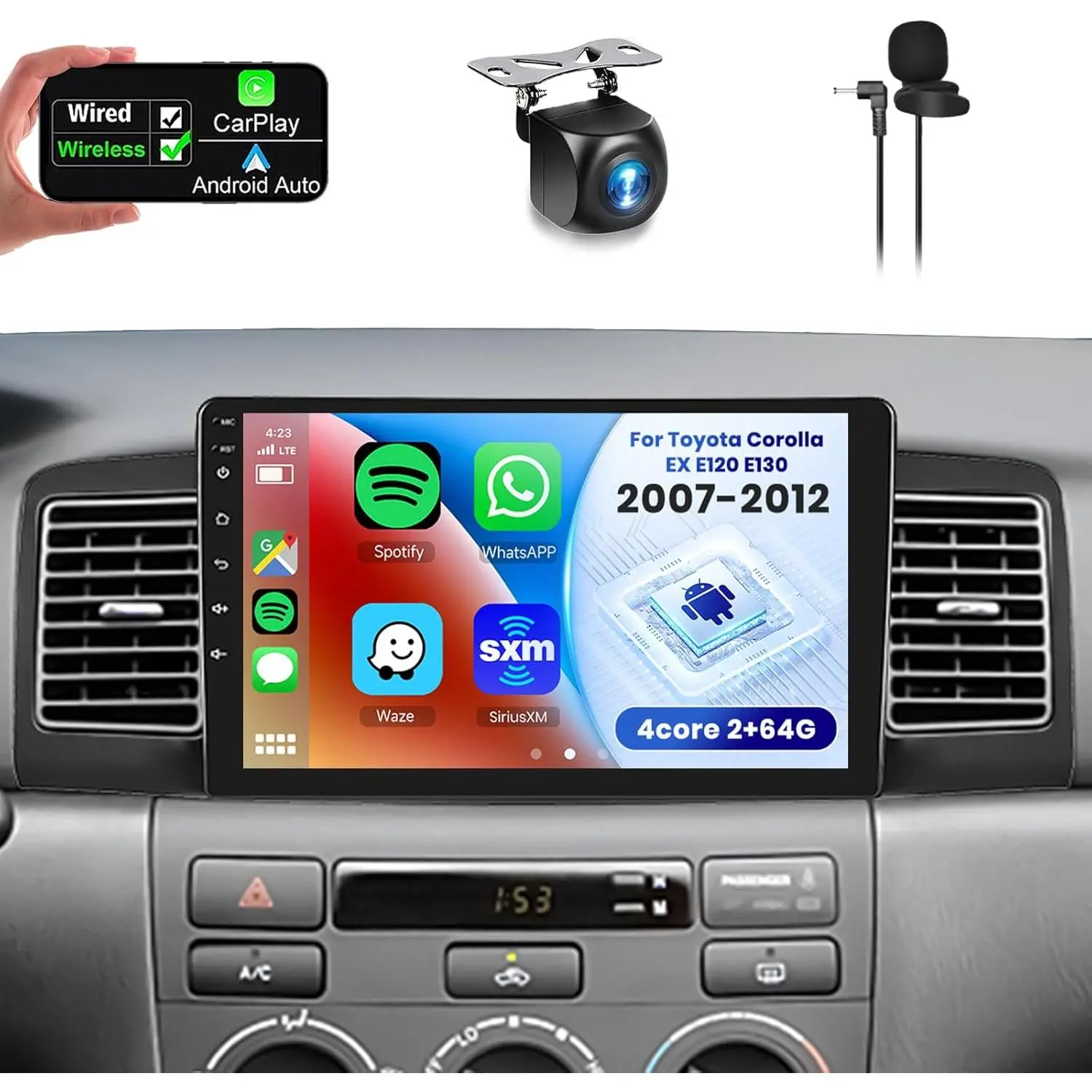 RIMOODY 9-Inch 2G+64G HiFi Carplay Touchscreen Radio for Toyota Corolla EX 2007-2012, with Wireless CarPlay Adapter, Android Auto, Bluetooth, Navigation, WiFi, FM/RDS, SWC, AHD Backup Camera, Car Accessories, Wifi Connection