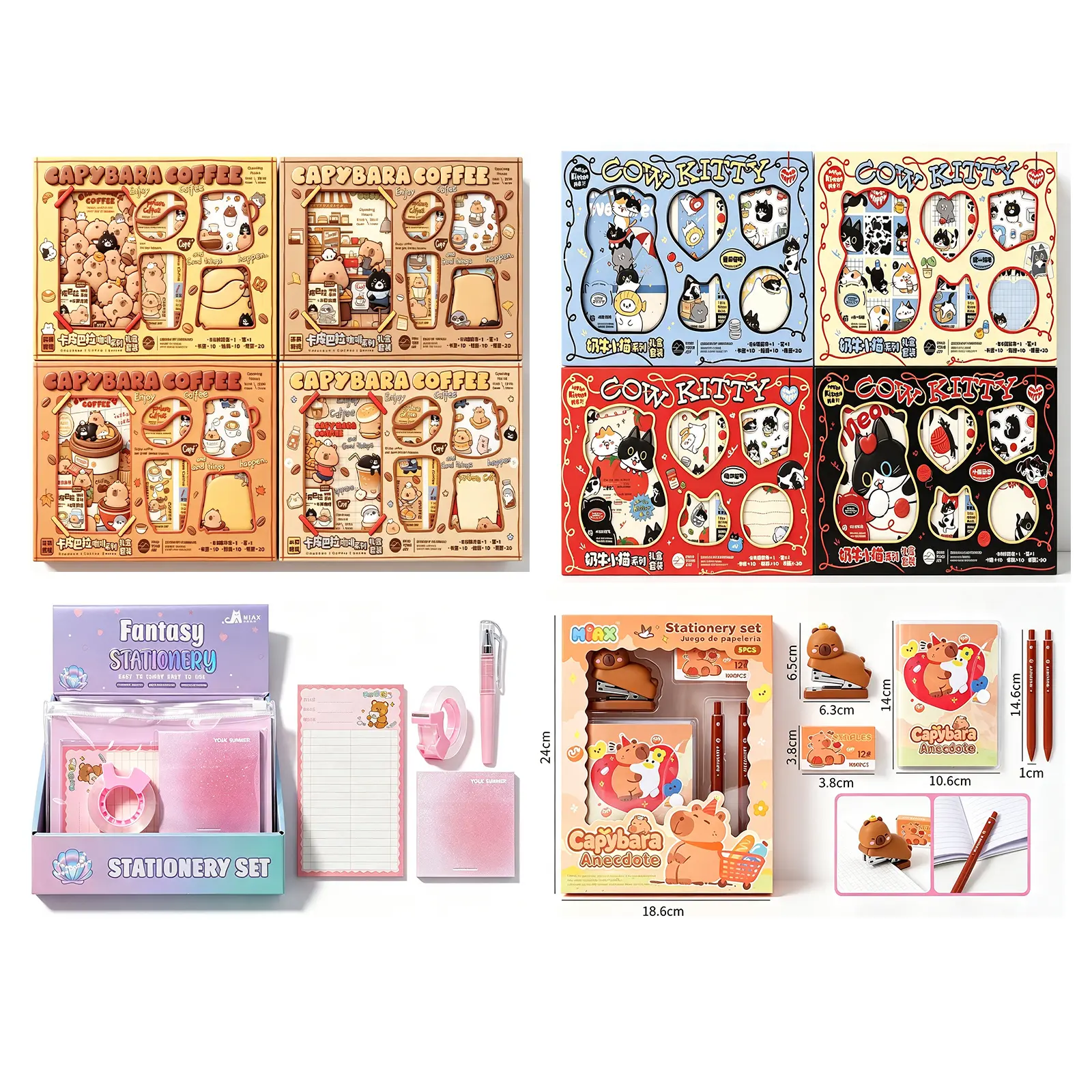4Sets Kawaii Animal Stationery Gift Box Set, Capybara Cow Kitty Themed School Supplies with Notebook, Gel Pens, Stickers & Sticky Notes, Ideal Back To School & Birthday Gift for Kids Teen Girls Journal Lovers