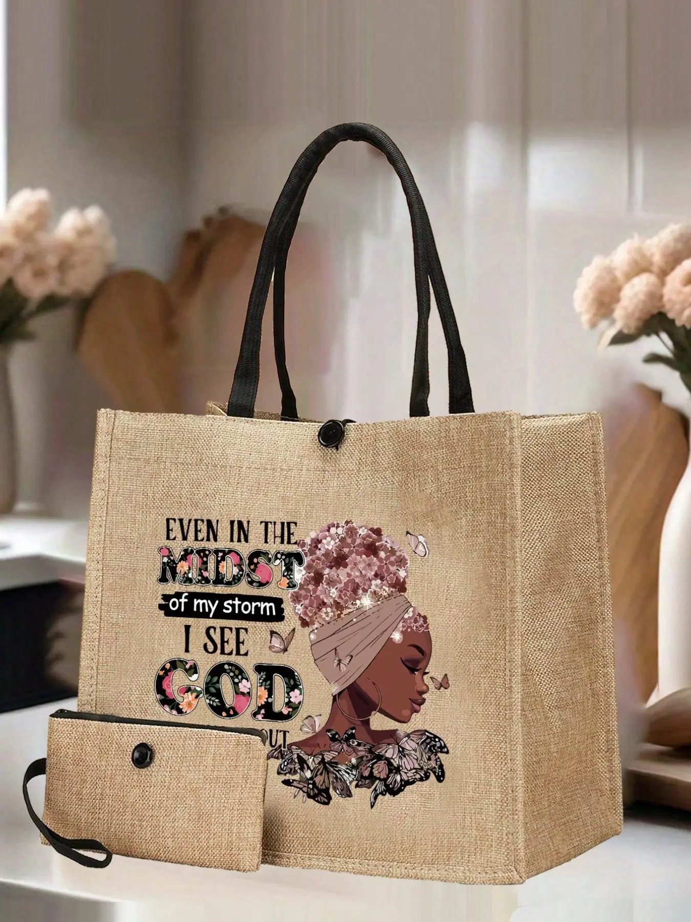 Colorful Girl Letter Pattern Handbag Set, I See God Butterfly Beach Bag, Gift Bag, Shopping Bag, Sister Handbag, Small Cosmetic Pouch, Butterfly Design Bag, Casual Bags