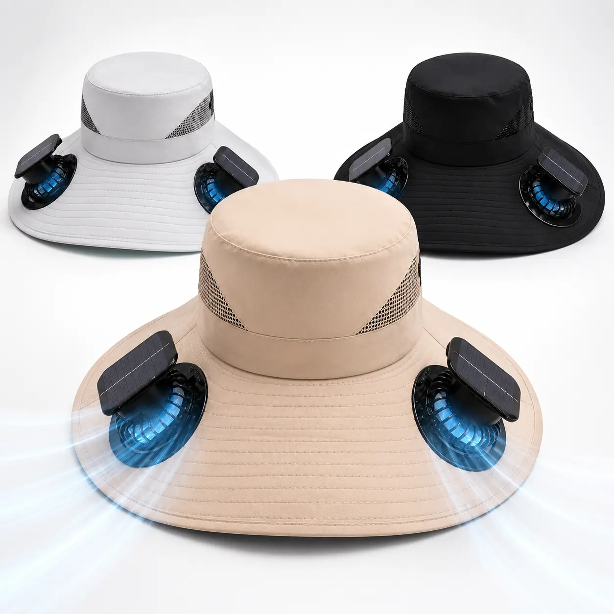 Solar Powered Fan Hat for Men, Wide Brim Cooling Breathable Mesh Bucket Hat with 2 USB-Rechargeable Hands-Free Fans for Fishing, Gardening, Hot Weather Outdoor Activities