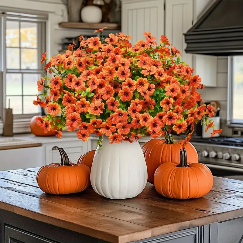 12 Bundles UV-Safe Outdoor Artificial Fall Mums - Decorative Fake Plastic Greenery, Deck Decor Stays, No Fade, for Garden Porch Patio Fall Home Decor (Red Orange)