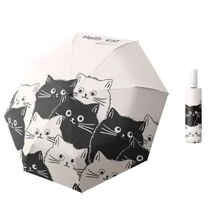 Cartoon Cat Automatic Umbrella, Women's Rain and Sun Protection Foldable UV Shield, Unisex Portable Beach Umbrella