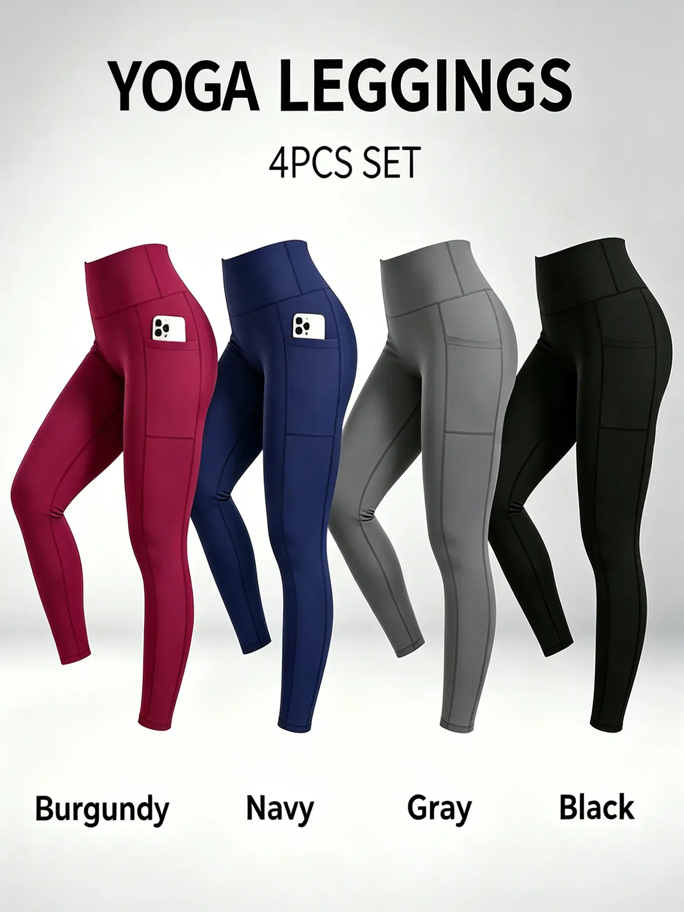 4-pack high-waisted full-length leggings with pockets, tummy control,  yoga pants for spring, summer, and fall training; summery vibes; women’s wear, solid color, all-season casual style， clothing gym Athletic Bottoms butt lifting all-day activewear